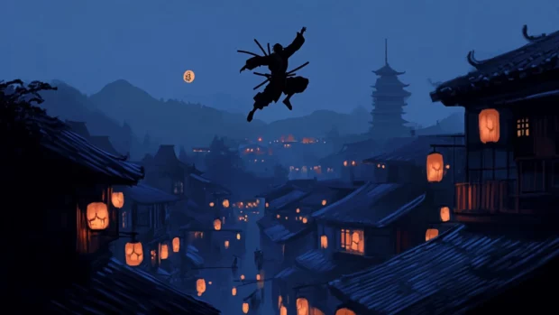 Japanese samurai leaping across rooftops of a feudal town lit by lanterns.
