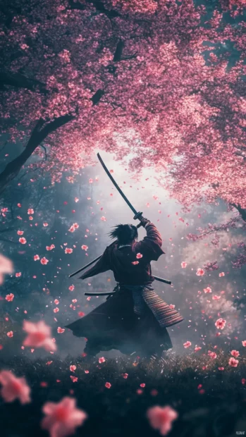 Japanese samurai raising his blade high under falling cherry blossoms.