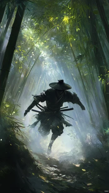 Japanese samurai sprinting through a dense bamboo grove under shafts of light.