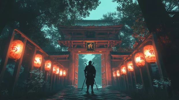 Japanese samurai standing guard at an ancient temple gate with glowing lanterns.