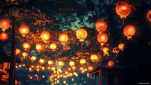 Japanese street at night with glowing lanterns anime wallpaper.