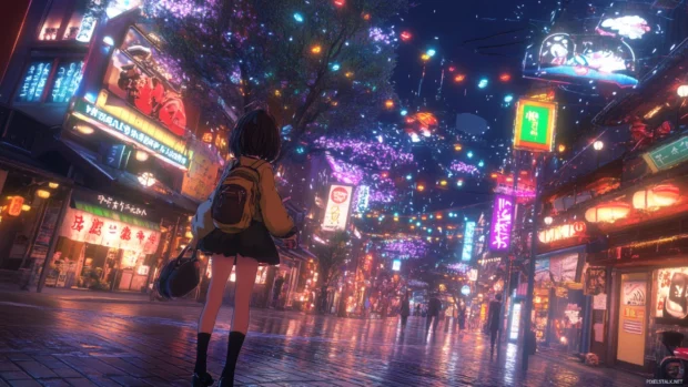 Japanese streets at night glowing with neon lights and anime characters exploring the lively city.