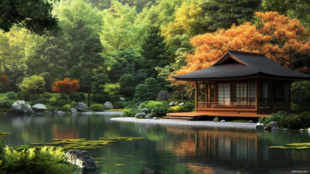 Japanese tea house by a serene pond anime desktop wallpaper.