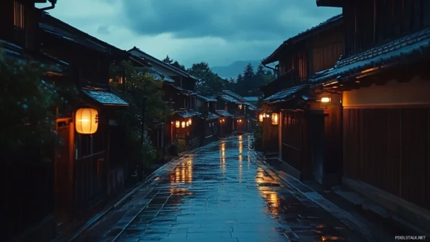 Japans Kyoto streets lined with traditional wooden houses glowing under lantern light at dusk.