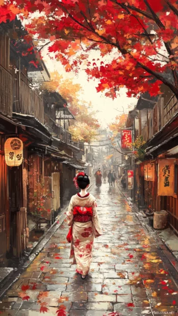 Japans Kyoto streets lined with wooden houses where geishas walk quietly in elegant kimono.