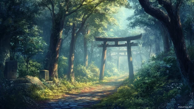 Japans ancient torii gates lining a serene forest path creating a sense of mystery and peace.