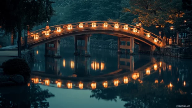 Japans elegant bridges arching over still rivers with glowing lanterns reflected in the water.