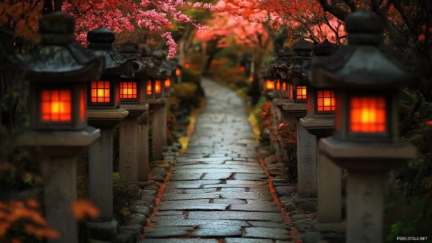 Japans peaceful temple gardens where stone lanterns glow softly among blooming azaleas.