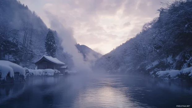 Japans serene hot springs where steam rises gently among snowy mountain surroundings.