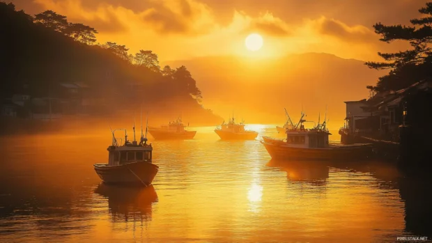 Japans tranquil coastline where fishing boats float quietly under a golden evening glow.