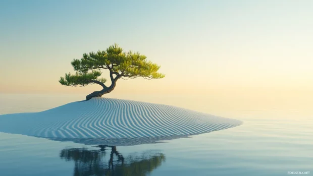 Japans tranquil zen gardens with carefully raked sand and delicate bonsai under a clear sky.