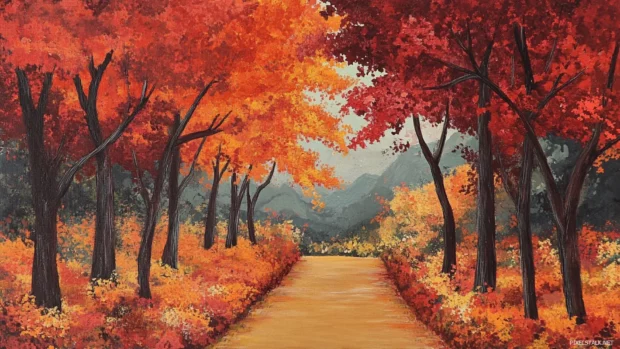 Japans vibrant autumn scene where maple trees line a quiet path with leaves in fiery hues.