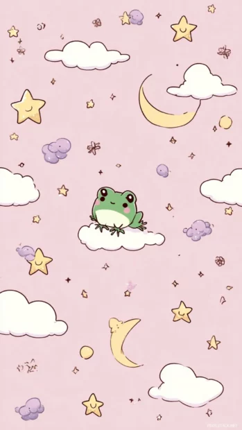 Kawaii Frog Backgrounds phone edition illustrating a frog floating among stars and moons in dreamy chibi style.