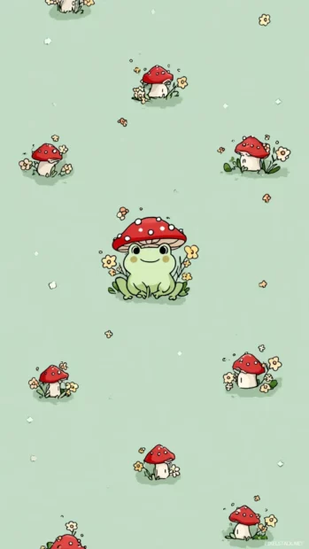 Kawaii Frog HD Wallpapers design depicting a frog in a mushroom hat surrounded by tiny flowers on mint canvas.