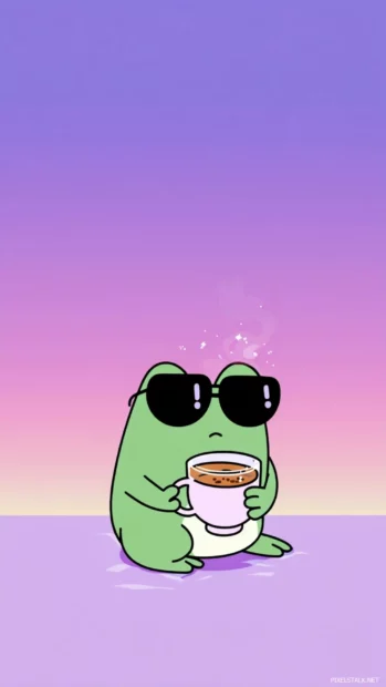 Kawaii Frog Phone Wallpaper cartoon version of a frog wearing sunglasses and sipping tea on lavender gradient.