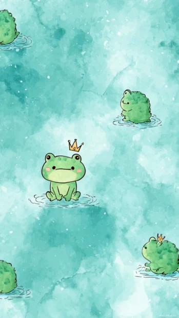 Kawaii Frog Wallpaper design with a frog prince chibi holding a tiny crown on soft teal watercolor wash.