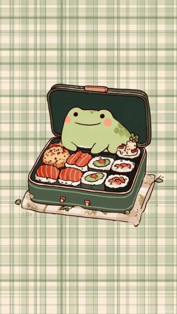 Kawaii Frog Wallpaper featuring a frog inside a cozy bento box with cute sushi rolls and a soft checkered background.