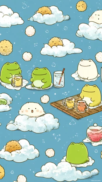 Kawaii Frog Wallpaper featuring a group of frogs having a tea party with cloud shaped cookies and jelly cups.