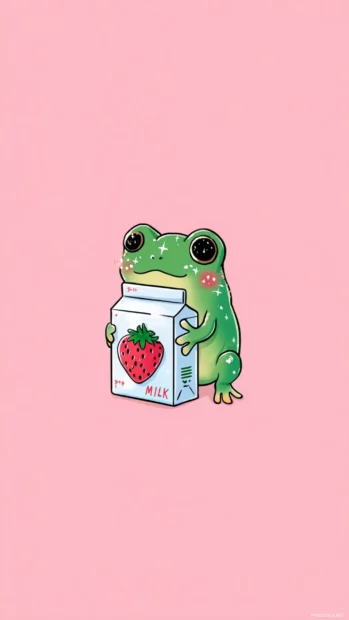 Kawaii Frog Wallpaper featuring a tiny green frog holding a strawberry milk carton with sparkly cheeks and big eyes.