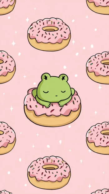 Kawaii Frog Wallpaper of a sleepy frog resting on a fluffy donut with icing and sprinkles all around.
