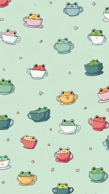 Kawaii Frog Wallpaper pattern with frogs inside colorful teacups scattered across a pale mint background.