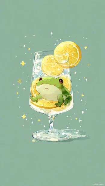 Kawaii Frog Wallpaper showing a frog floating inside a lemonade glass with smiling lemon slices.
