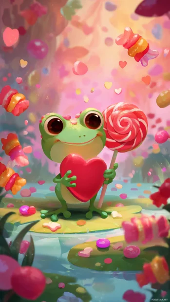Kawaii Frog Wallpaper showing a frog holding a heart shaped lollipop and surrounded by animated candies.