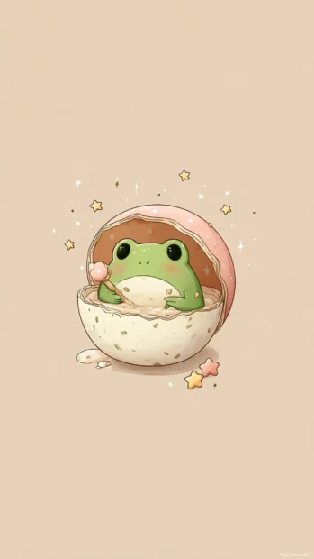 Kawaii Frog Wallpaper where a frog is peeking out of a mochi ice cream with tiny stars floating around.