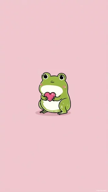 Kawaii Frog Wallpapers cartoon style showing a chibi frog holding a tiny heart on pastel pink background.