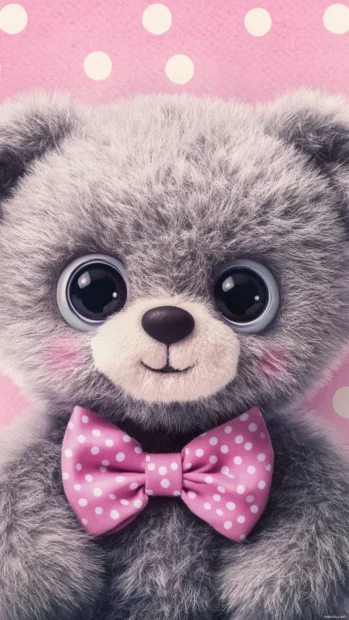 Kawaii bear wallpaper depicting a cute bear with big eyes and a bow tie on a pink polka dot background.