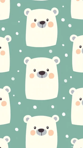 Kawaii bear wallpaper displaying chibi style bears with oversized eyes on a mint green background.