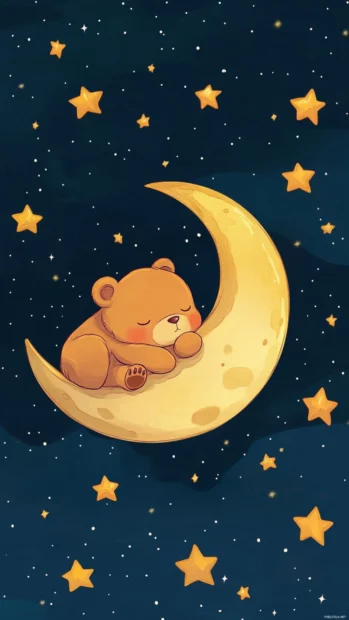 Kawaii bear wallpaper for iPhone showing a bear sleeping on a crescent moon surrounded by stars.