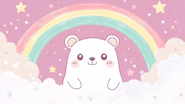 Kawaii bear wallpaper illustrating a chubby bear with sparkling eyes surrounded by stars and rainbows.
