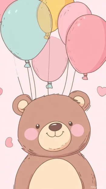 Kawaii bear wallpaper showcasing a chubby bear with sparkling eyes and pastel colored balloons.