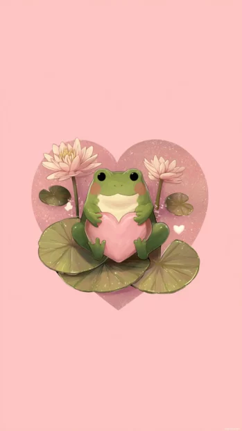 Kawaii frog phone wallpaper final version showing a frog hugging a heart shaped lily pad on blush pink background.