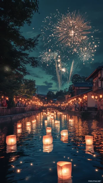 Lanterns floating gently down a river during a Japan summer festival as fireworks light the sky.
