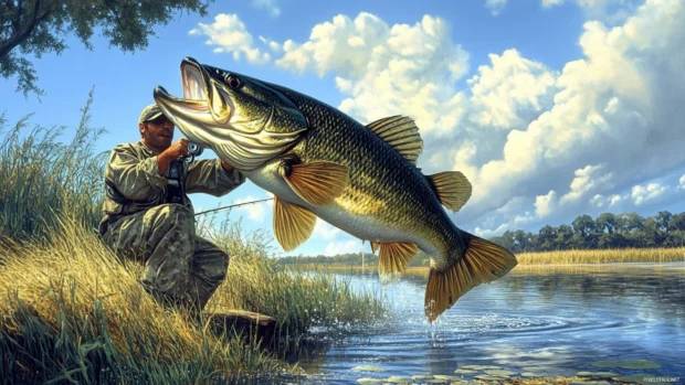 Largemouth bass fishing wallpaper showing a fisherman holding a massive catch above a grassy lake edge.
