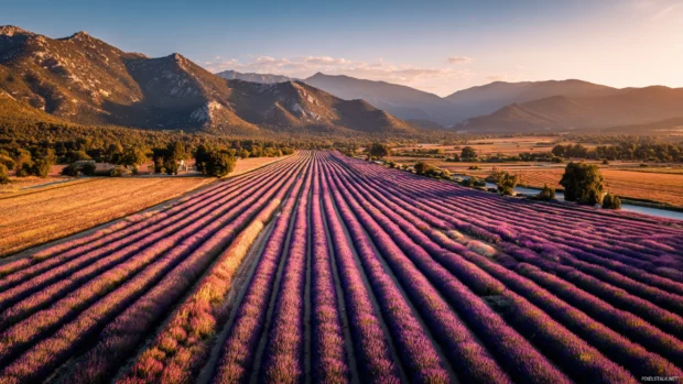 Lavender aerial view wallpaper hd capturing rolling purple fields illuminated by golden hour sun.