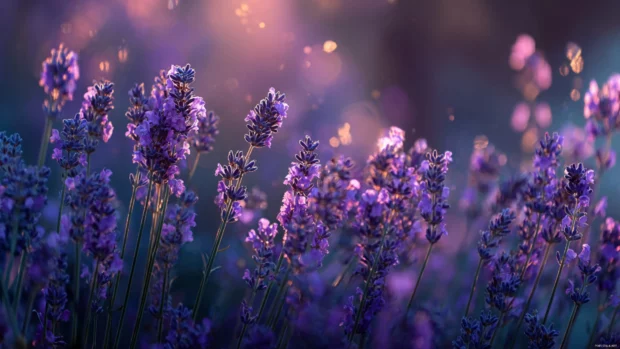 Lavender aesthetic 4k wallpaper showcasing rich violet blooms in soft cinematic light for serene atmosphere.