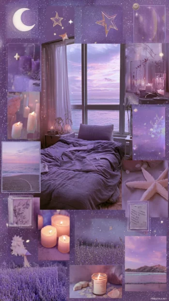 Lavender aesthetic collage for iPhone with dreamy bedroom, stars and candles.