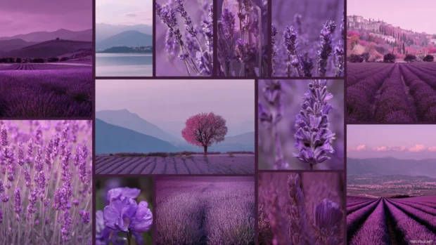 Lavender aesthetic hd collage wallpaper arranging rectangular photo tiles of lavender vistas and macro art.