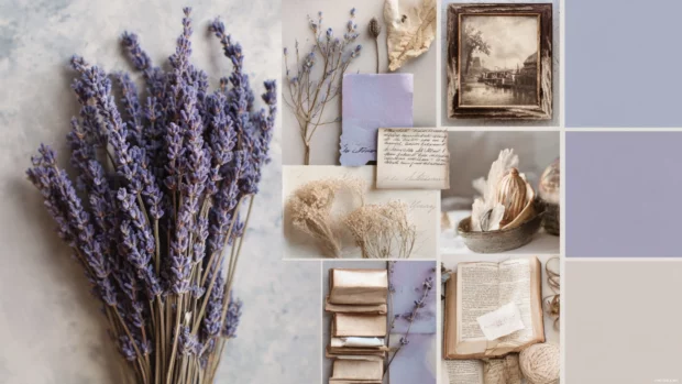Lavender aesthetic moodboard wallpaper in collage form with vintage photos, dried sprigs and pastel swatches.