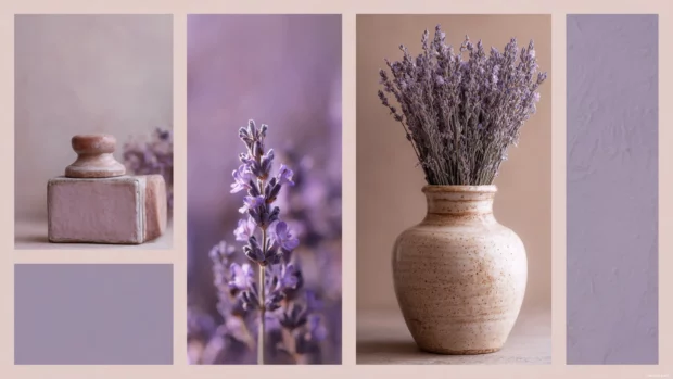 Lavender aesthetic phone wallpaper collage of dried lavender, vintage vase and soft pastel art frames.