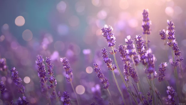 Lavender aesthetic texture wallpaper blending fine grain photo of lavender field with soft bokeh lens flare.