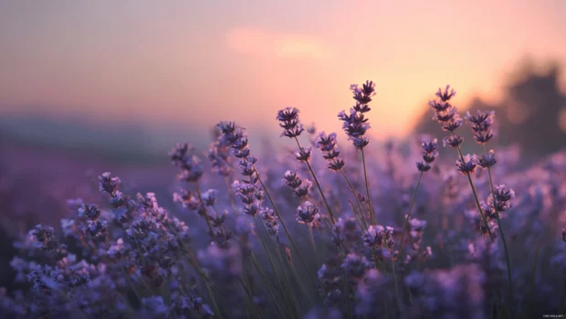 Lavender aesthetic wallpaper hd showing dreamy lavender field under pastel sunrise sky with soft focus.