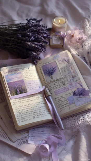 Lavender and cream aesthetic with journaling snippets, ribbon and soft pastel gradient.