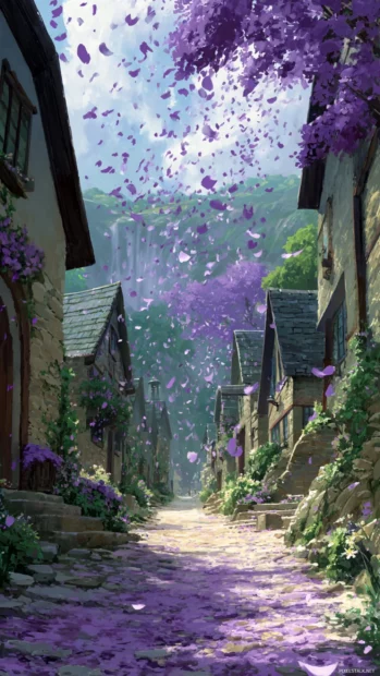 Lavender breeze carrying petals through the air over a quiet village path.
