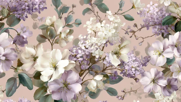 Lavender color floral wallpaper featuring seamless collage of lavender and white blossoms on subtle blush base.
