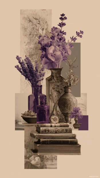 Lavender color infused into aesthetic vintage items in a vertical collage layout.