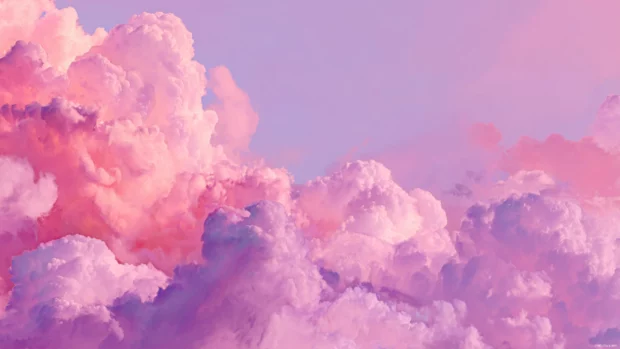 Lavender color pastel wallpaper highlighting abstract lavender clouds drifting across pale pink canvas.